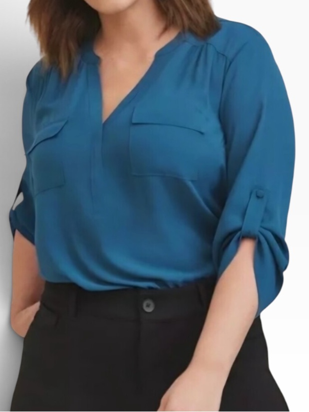 torrid "Harper" Teal Chiffon Split-Neck Roll-Tab Sleeve Blouse 00(10)